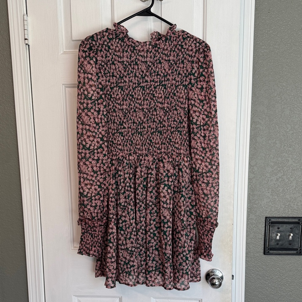 Pink and Black Floral Long Sleeve Smocked Mini Dress - Lulus